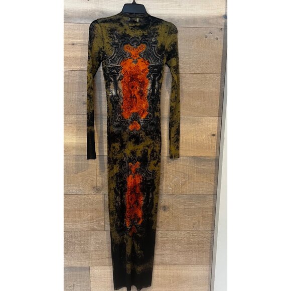 JEAN PAUL GAULTIER The Long Khaki Médaillon MESH Dress SIZE L - Picture 8 of 9